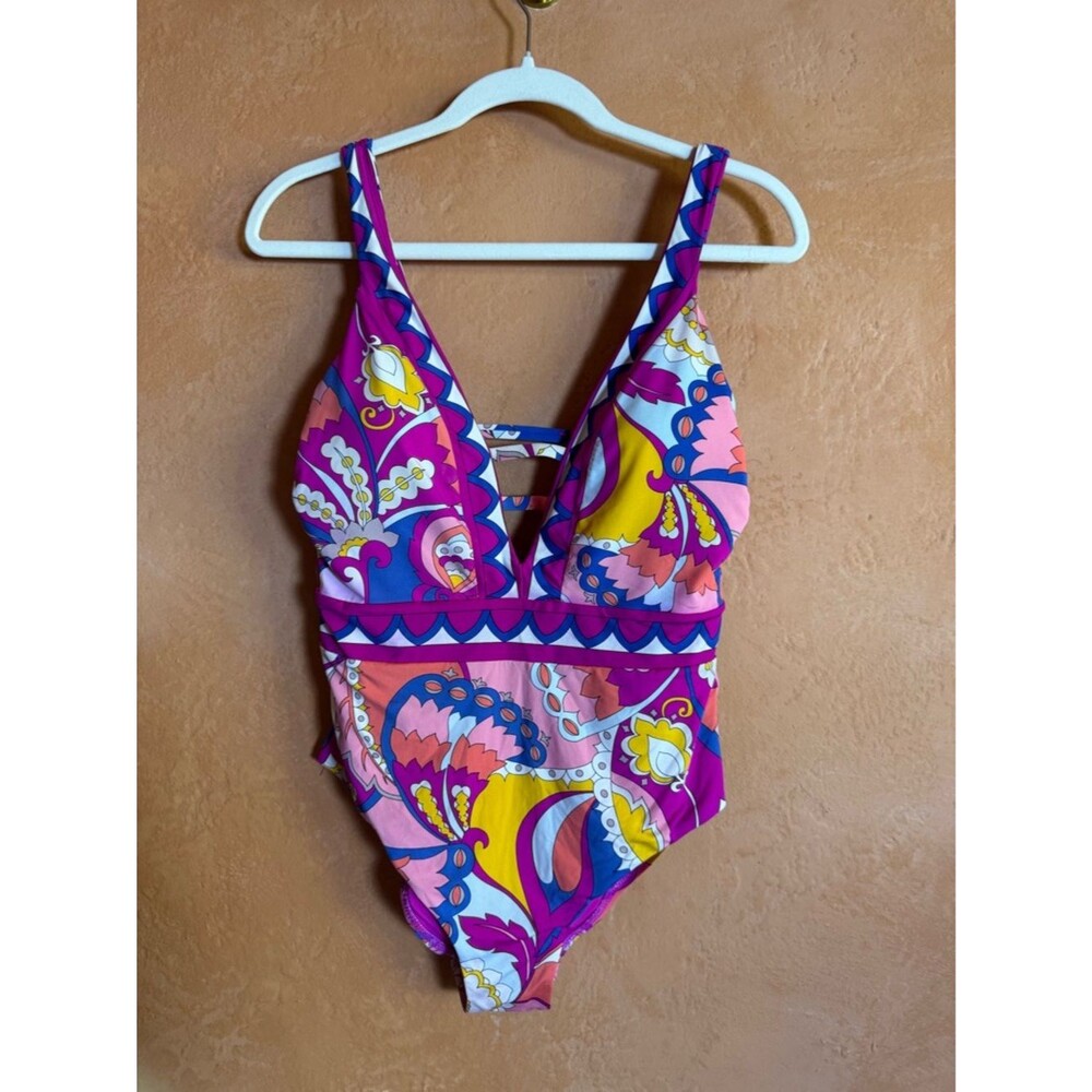 Trina Turk One Piece Swimsuit Bold Print Plunge